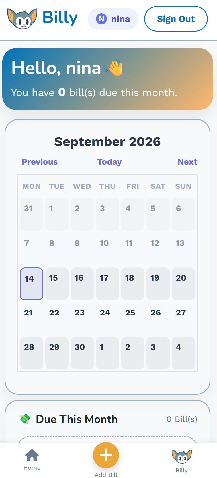 Billy calendar screen